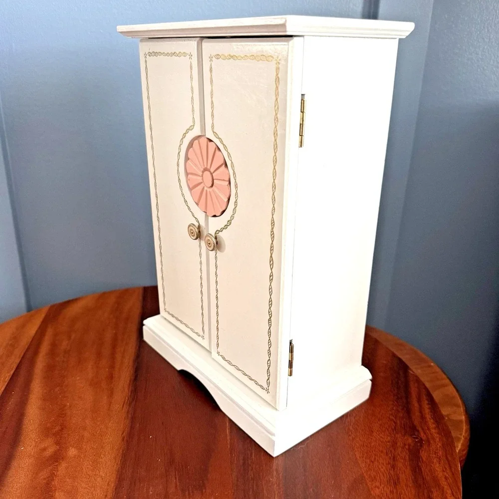 White Musical Jewelry Box with Pink Velvet Lining Mirror‎ Hooks Wood Velvet
